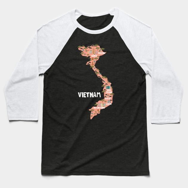 Vietnam Illustrated Map Baseball T-Shirt by JunkyDotCom